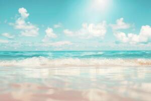 Blurred background of a beautiful beach with a blue sky and white clouds. photo