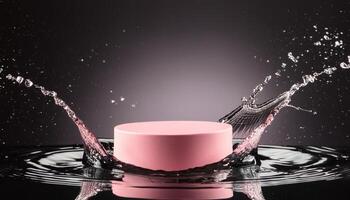empty pink podium mockup with water splash on a black gradient background for product display photo