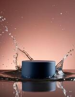 empty blue podium mockup with water splash on a gradient background for product display photo