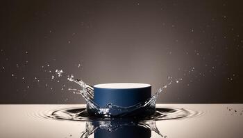 empty blue podium mockup with water splash on a gradient background for product display photo