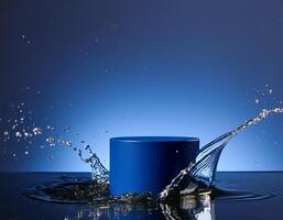 empty blue podium mockup with water splash on a gradient background for product display photo