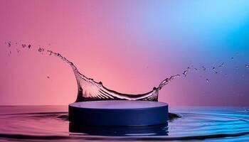 empty blue podium mockup with water splash on a gradient background for product display photo