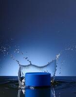 empty blue podium mockup with water splash on a gradient background for product display photo