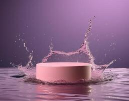 empty pink podium mockup with water splash on a purple gradient background for product display photo