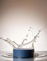 empty blue podium mockup with water splash on a gradient background for product display photo