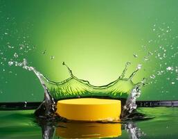 empty yellow podium mockup with water splash on a gradient background for product display photo