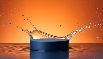 empty blue podium mockup with water splash on a gradient background for product display photo