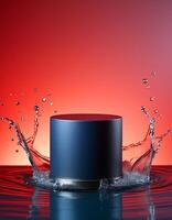 empty blue podium mockup with water splash on a gradient background for product display photo