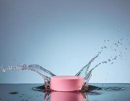 empty pink podium mockup with water splash on a blue gradient background for product display photo