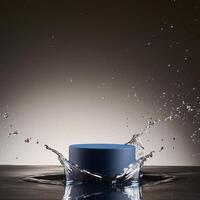 empty blue podium mockup with water splash on a gradient background for product display photo