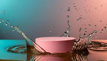 empty pink podium mockup with water splash on a gradient background for product display photo