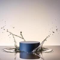 empty blue podium mockup with water splash on a gradient background for product display photo