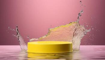 empty yellow podium mockup with water splash on a gradient background for product display photo