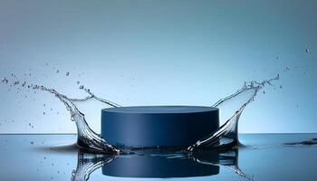 empty blue podium mockup with water splash on a gradient background for product display photo
