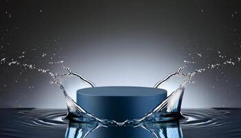 empty blue podium mockup with water splash on a gradient background for product display photo