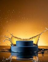 empty blue podium mockup with water splash on a gradient background for product display photo
