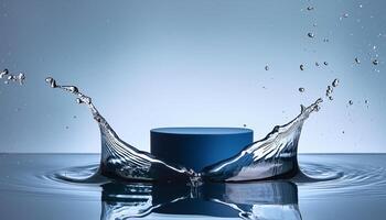 empty blue podium mockup with water splash on a gradient background for product display photo