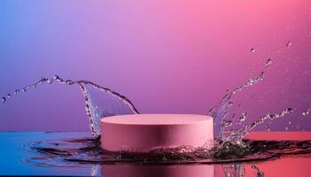 empty pink podium mockup with water splash on a purple gradient background for product display photo