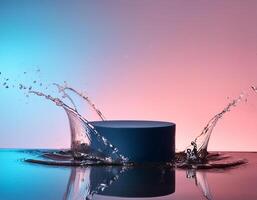 empty blue podium mockup with water splash on a gradient background for product display photo