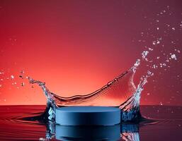 empty blue podium mockup with water splash on a gradient background for product display photo