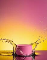 empty pink podium mockup with water splash on a pink and yellow gradient background for product display photo