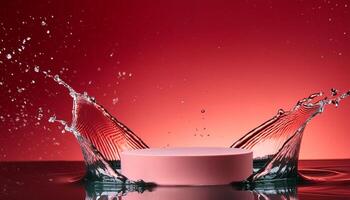 empty pink podium mockup with water splash on a red gradient background for product display photo