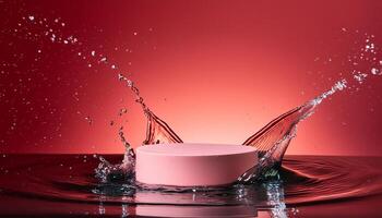 empty pink podium mockup with water splash on a red gradient background for product display photo