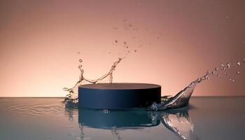 empty blue podium mockup with water splash on a gradient background for product display photo