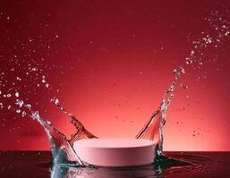 empty pink podium mockup with water splash on a red gradient background for product display photo