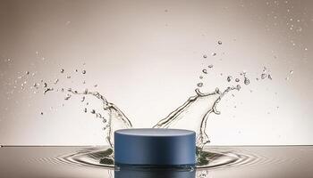 empty blue podium mockup with water splash on a gradient background for product display photo