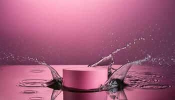 empty pink podium mockup with water splash on a pink gradient background for product display photo