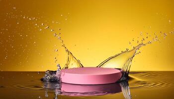 empty pink podium mockup with water splash on a yellow gradient background for product display photo