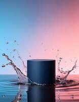 empty blue podium mockup with water splash on a gradient background for product display photo