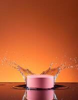 empty pink podium mockup with water splash on a orange gradient background for product display photo