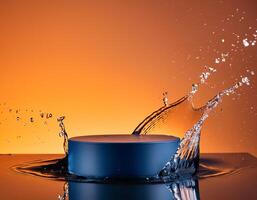 empty blue podium mockup with water splash on a gradient background for product display photo