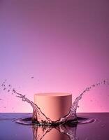 empty pink podium mockup with water splash on a pink gradient background for product display photo