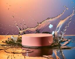 empty pink podium mockup with water splash on a gradient background for product display photo
