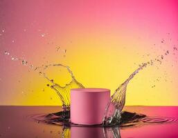 empty pink podium mockup with water splash on a pink and yellow gradient background for product display photo