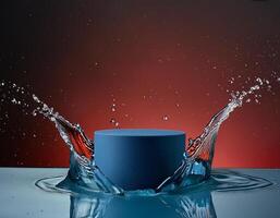 empty blue podium mockup with water splash on a gradient background for product display photo
