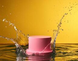 empty pink podium mockup with water splash on a yellow gradient background for product display photo