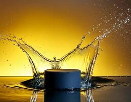 empty blue podium mockup with water splash on a gradient background for product display photo