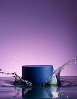 empty blue podium mockup with water splash on a gradient background for product display photo
