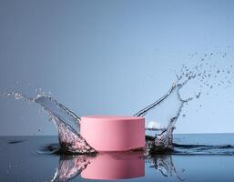 empty pink podium mockup with water splash on a blue gradient background for product display photo