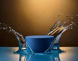 empty blue podium mockup with water splash on a gradient background for product display photo