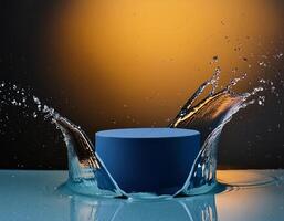 empty blue podium mockup with water splash on a gradient background for product display photo