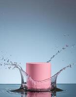 empty pink podium mockup with water splash on a blue gradient background for product display photo