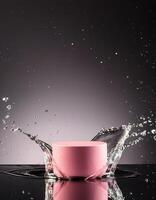 empty pink podium mockup with water splash on a black gradient background for product display photo