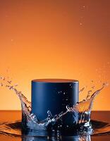empty blue podium mockup with water splash on a gradient background for product display photo