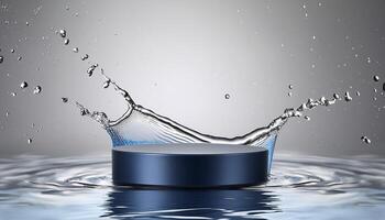 empty blue podium mockup with water splash on a gradient background for product display photo