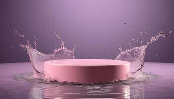 empty pink podium mockup with water splash on a purple gradient background for product display photo